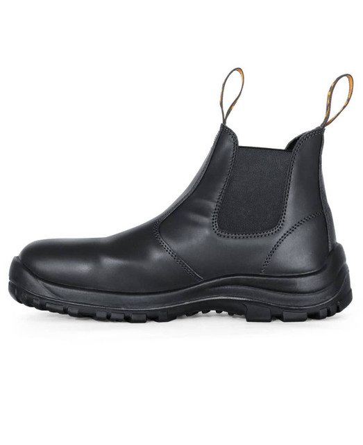 A pair of black safety boots with elastic sides and a rugged sole, featuring a logo on the side.