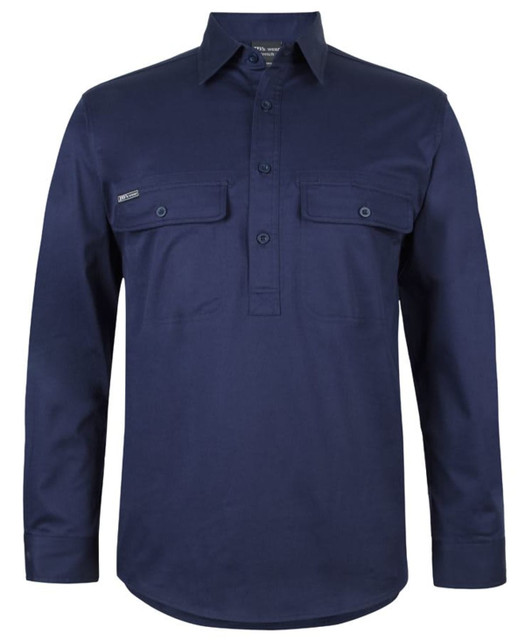 A navy long-sleeve work shirt with a close front, featuring two chest pockets and a logo on the side.