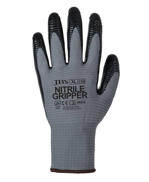 A grey and black nitrile gripper glove, featuring a textured grip and a logo on the wrist area.