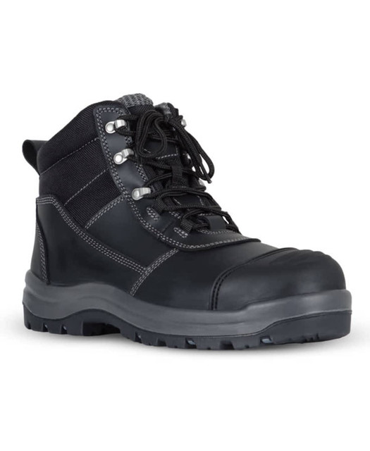 A black safety boot with reinforced toe, grey stitching, and a textured upper, featuring a logo on the side.