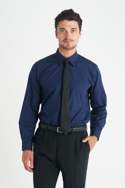 A men's long sleeve button-up shirt in navy blue, featuring a collar and a matching tie, with a logo on the chest.