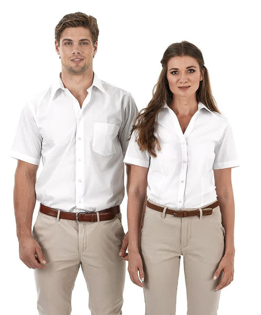 A white short sleeve button-up shirt for men, featuring a pocket and a classic collar.