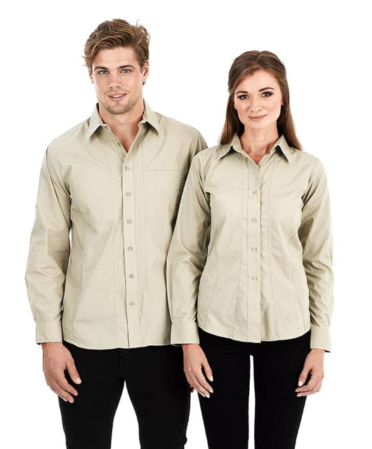 Aston men's long sleeve button-up shirt in a light beige colour, modelled by a man and a woman.