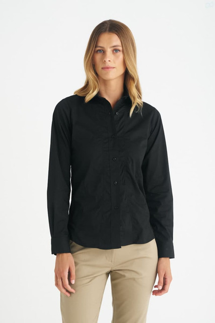 A black long sleeve button-up shirt for women, featuring a collared design and a branded logo.
