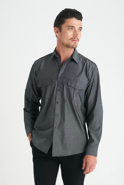 A men's long sleeve button-up shirt in grey, featuring two chest pockets and a simple design.
