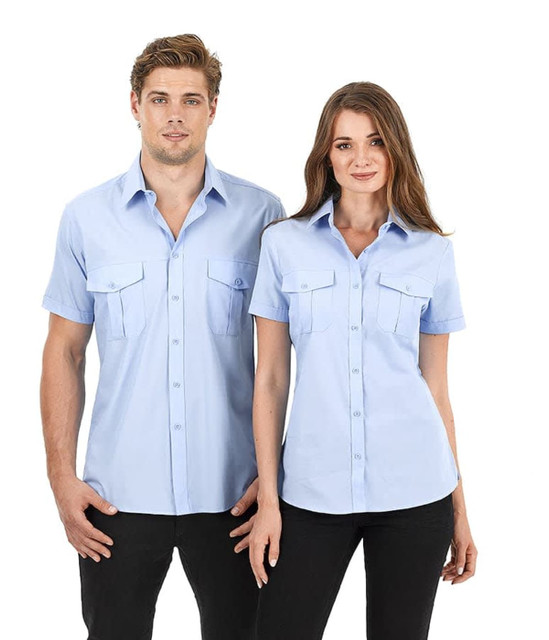 A light blue short sleeve button-up shirt on male and female models, featuring two pockets and a logo.