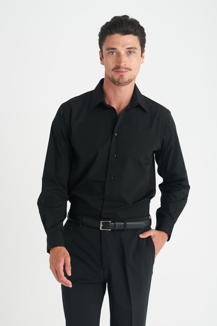 A black long sleeve button-up shirt for men, featuring a fitted design and a subtle logo.