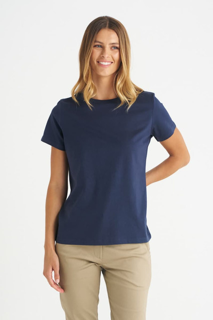 A navy ladies' T-shirt with short sleeves, featuring a relaxed fit and a subtle logo.