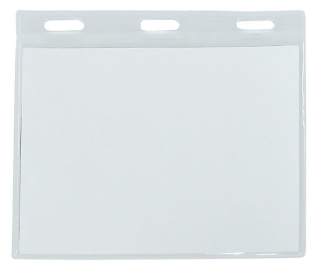A clear plastic name badge holder featuring three slots at the top. It is designed for displaying identification.