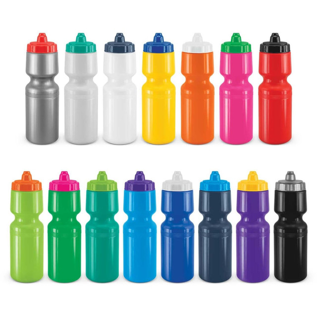 A range of drink bottles in various colours, including silver, white, yellow, orange, pink, green, and blue, with caps and a logo.