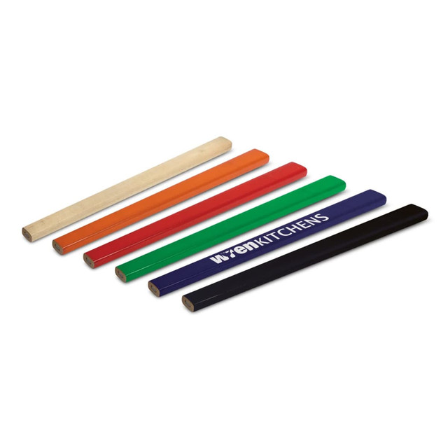 A set of carpenters pencils in various colours: natural wood, orange, green, blue, and black, featuring a logo on one.