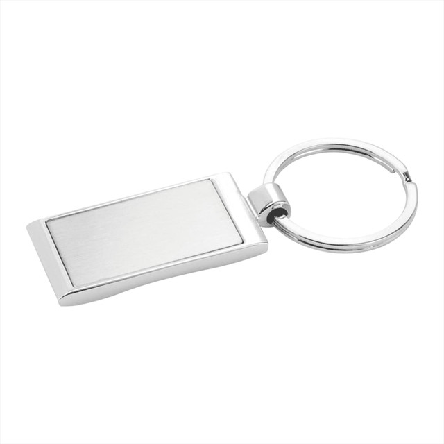 A silver wave metal key ring with a rectangular body and a circular keychain attachment.