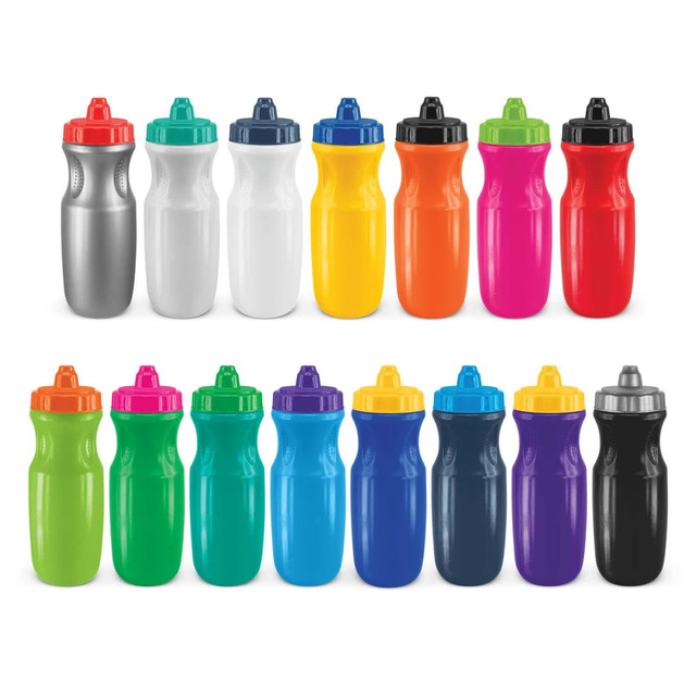A drink bottle collection featuring various colours including silver, white, yellow, orange, green, and blue, with black lids and logos.