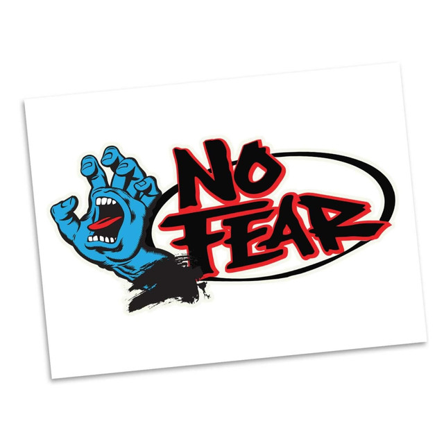 A temporary tattoo featuring a blue hand reaching out with the words "No Fear" in bold red and black lettering.