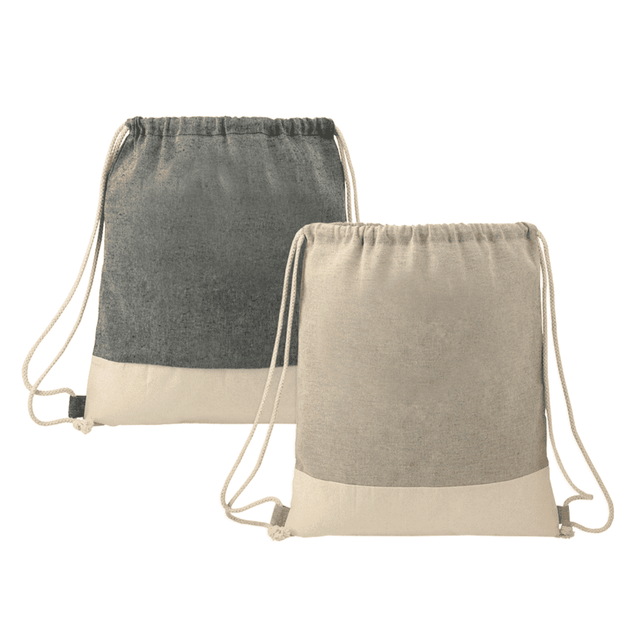 A grey and beige split recycled cotton drawstring bag with matching drawcords, featuring a logo.