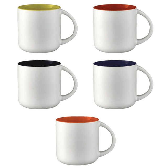 A set of five ceramic mugs in white, featuring coloured interiors in yellow, orange, blue, and black. Each mug has a handle.