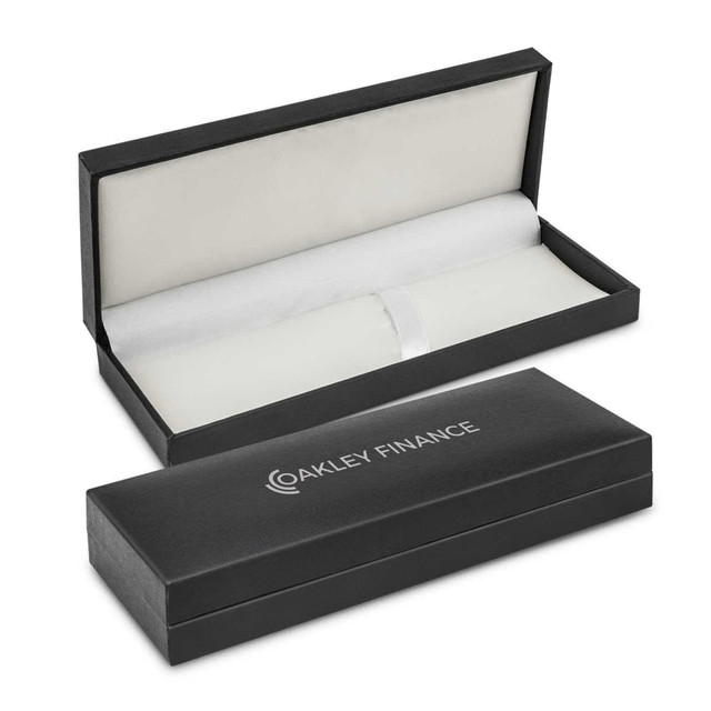 A sleek black presentation box with a soft interior, designed for showcasing pens. It features a logo on the exterior.