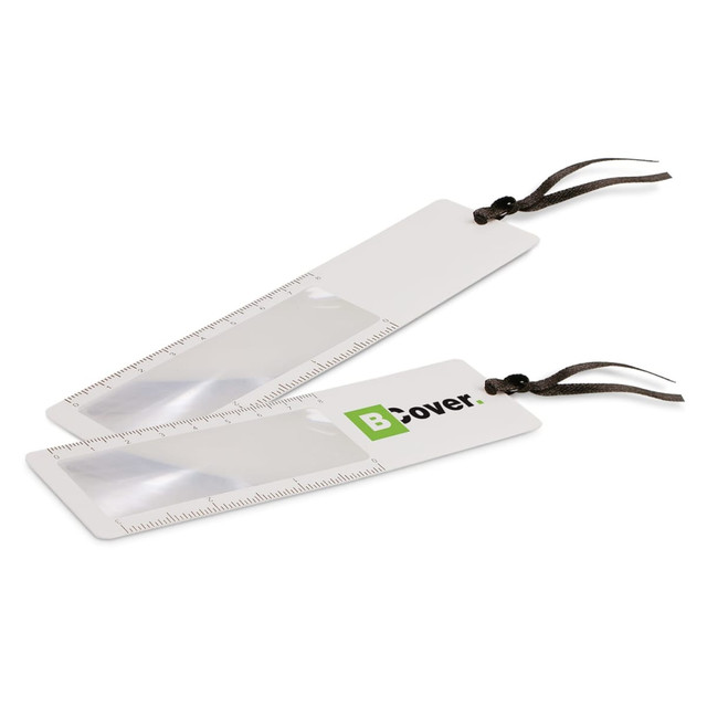 A Bookmark Magnifier in white with a transparent magnifying section and a brown tassel. It features a logo.