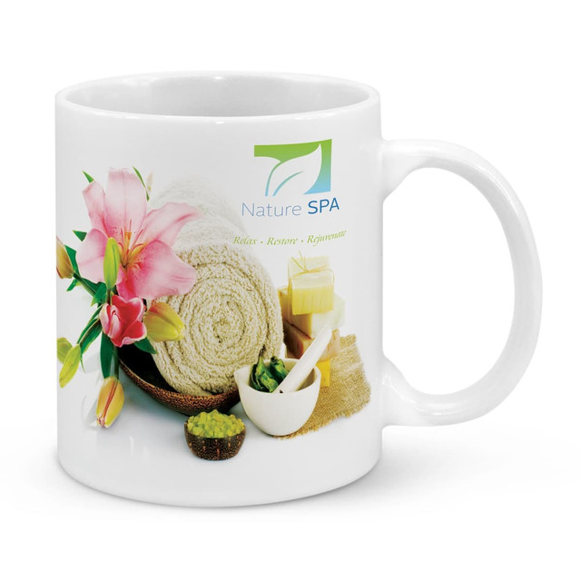 A white coffee mug featuring floral and spa-themed designs with a logo.