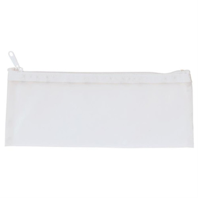 A white pencil case with a zip closure, featuring a simple design and a transparent material.