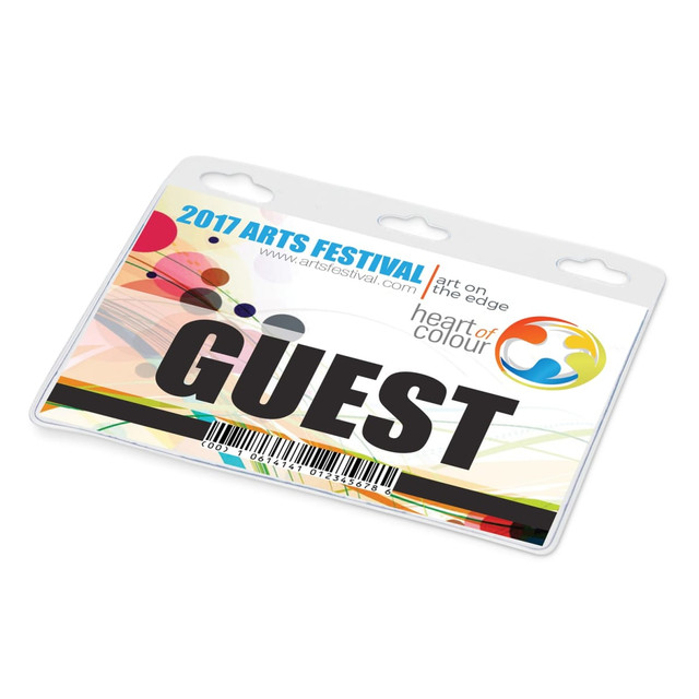 A clear vinyl ID holder with colourful designs and a branding logo at the top. It features a bold "GUEST" label.