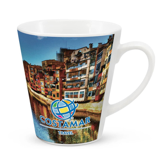 A white coffee mug featuring a vibrant image of colourful buildings by a river and a logo.