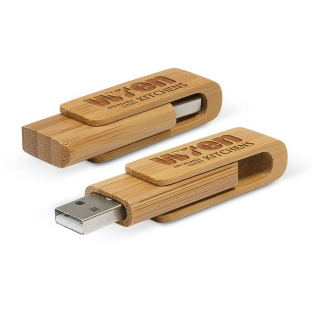 A Bamboo 4GB Flash Drive featuring a sleek design with a wooden casing and a sliding mechanism for the USB connector.