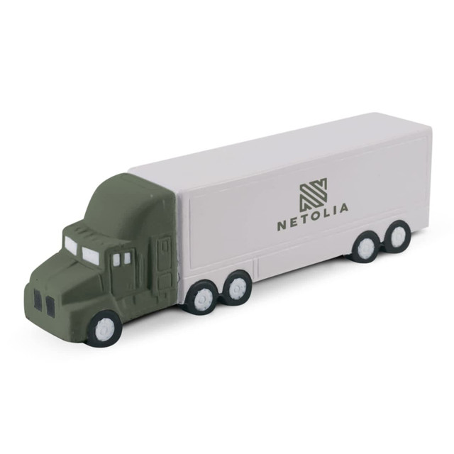 A stress toy shaped like a green and white truck, featuring a logo on the side.