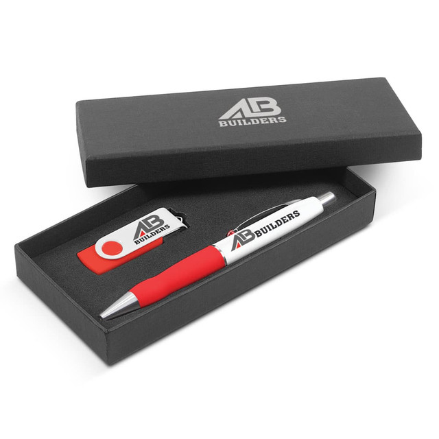 A gift set including a red and white pen, a USB drive, and a branded black box.