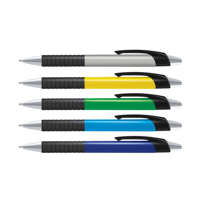 A set of five plastic pens with coloured barrels: silver, yellow, green, blue, and black, featuring black grips and clips.