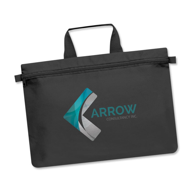 A black satchel featuring a zippered closure and handles, prominently displaying the logo of "Arrow Consultancy Inc."
