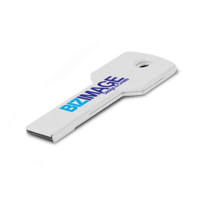 A white flash drive shaped like a key, featuring a branding logo.