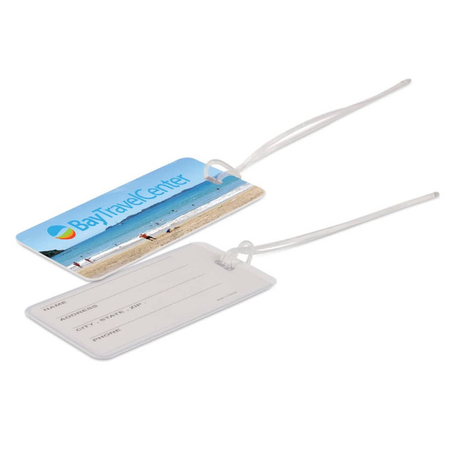 A luggage tag featuring a beach scene on one side and blank fields for name, address, and contact details on the other.