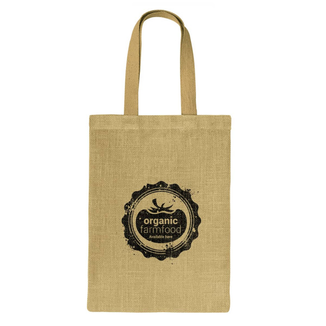 A jute tote bag in natural beige with long handles and a printed logo on the front.