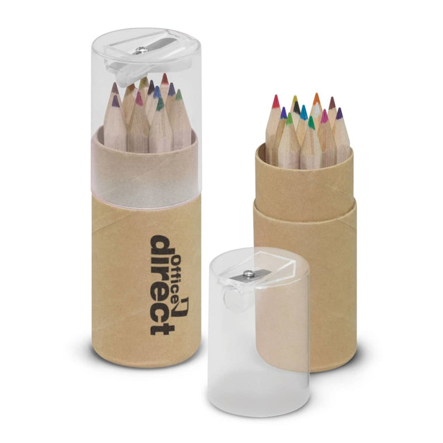 A tube containing coloured pencils in various hues, with a clear lid and a cardboard base, featuring a logo.