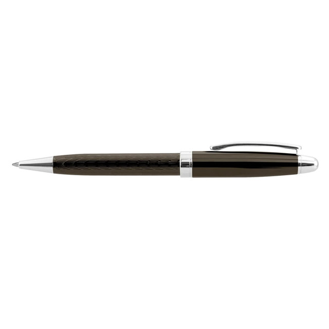 A metal pen in black with a glossy finish and silver accents, featuring a clip and a textured grip area.