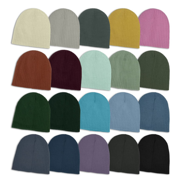 A collection of beanies in various colours, including cream, grey, green, yellow, pink, and more, with ribbed textures.