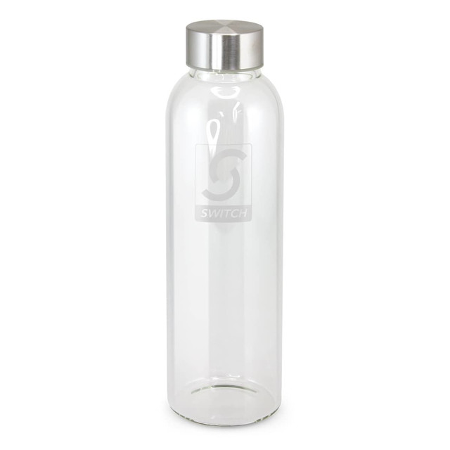 A drink bottle made of clear glass with a stainless steel cap. The bottle features an engraved logo in the center.