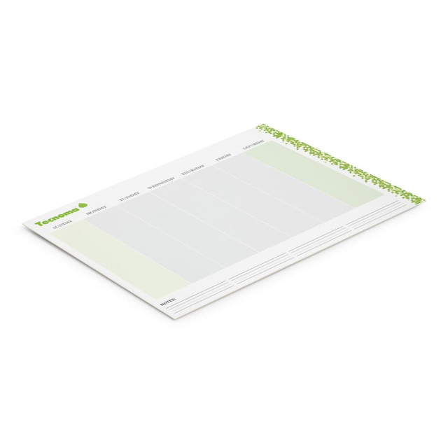 A desk planner with a white and light green design, featuring weekly sections and a notes area, includes a logo.