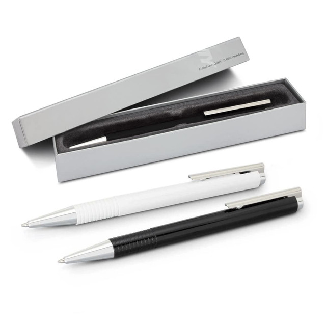 A sleek black and white Lamy Logo pen set presented in a grey box with a soft interior.