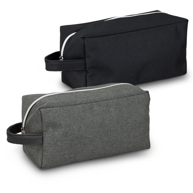 Two toiletry bags in black and grey with a textured finish, featuring a zip closure and a handle for easy carrying.