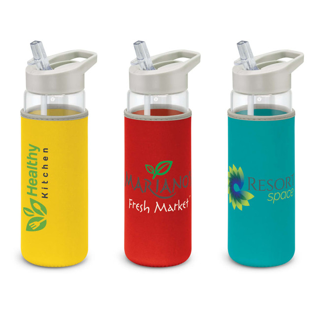 A drink bottle trio featuring a yellow, red, and turquoise neoprene sleeve, each with a plastic cap and built-in straw.