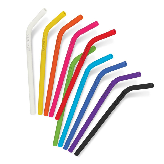 A set of ten silicone drinking straws in various colours, including white, orange, green, purple, and black.