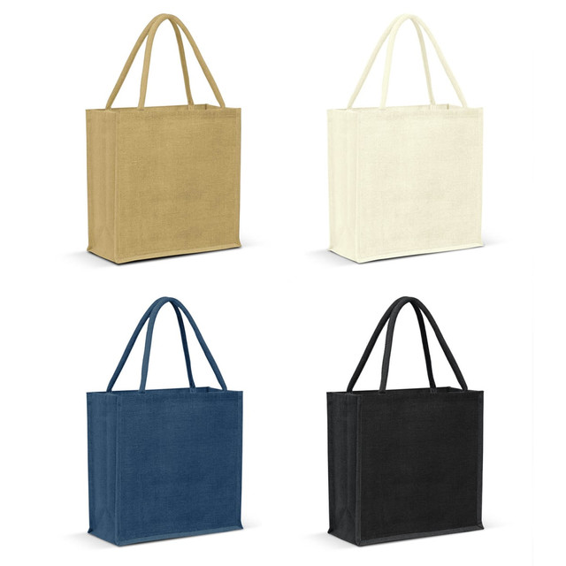 A jute tote bag collection in four colours: gold, cream, navy, and black, each with handles and a logo.
