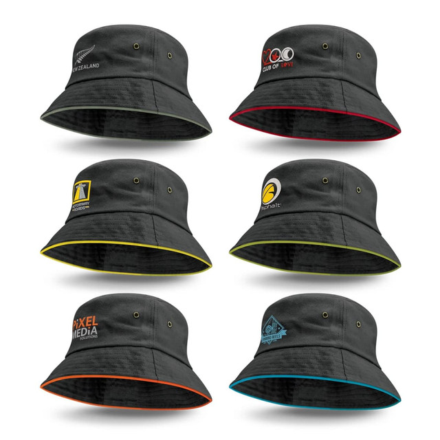 A collection of six black bucket hats featuring coloured sandwich trim and various logos.