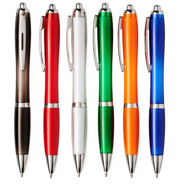 A collection of ballpoint pens in various colours: black, red, white, green, orange, and blue, featuring a silver clip and accents.