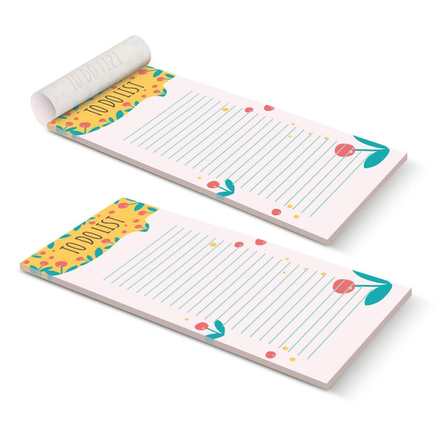 A vertical notepad with a floral design, featuring 50 leaves and a colourful border. It includes a logo at the top.