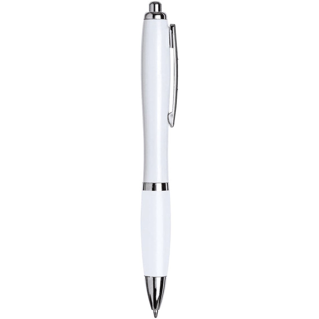 A ballpoint pen in all white with chrome accents, featuring a clip and smooth finish.