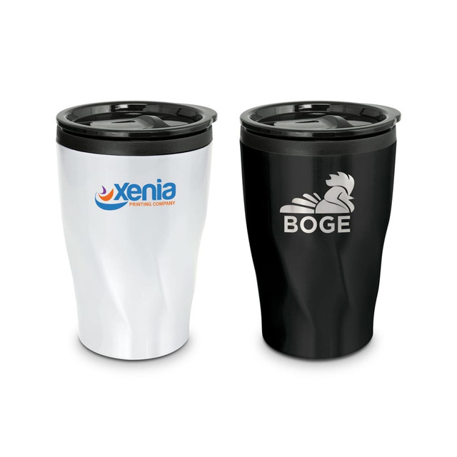 A stainless steel coffee cup in white and black with lids and logos displayed.
