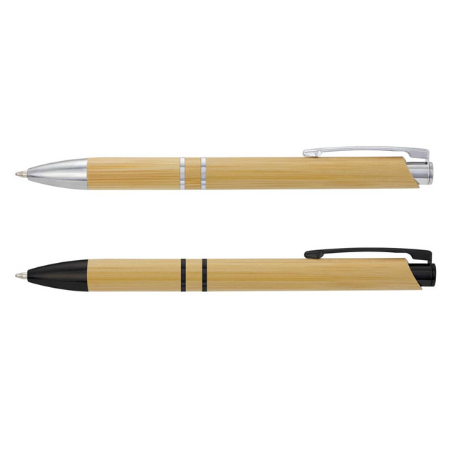Two bamboo pens, one with a silver trim and the other with a black trim, both featuring a logo.